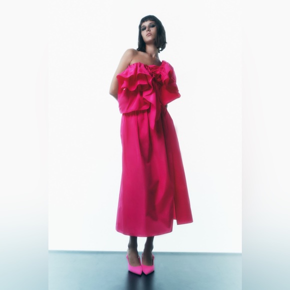 ZARA SET FUCHSIA VOLUMINOUS RUFFLE TOP + SKIRT - Picture 4 of 5